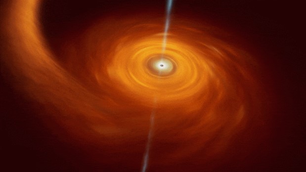 This graphic depicts how a star's components descended into a faraway galaxy's black hole