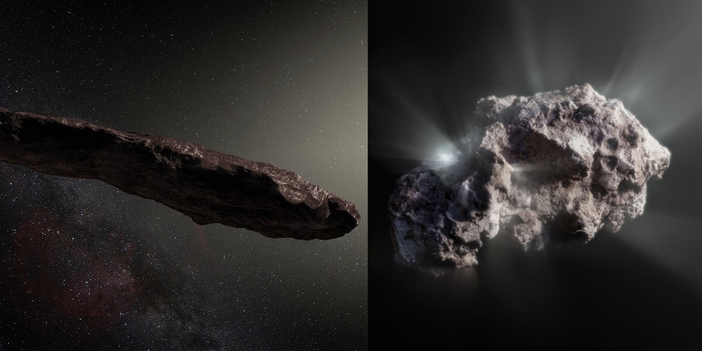 Figure 1: Rendering of Oumuamua & An artist’s impression of the interstellar comet Borisov ESO/M. Kormesser